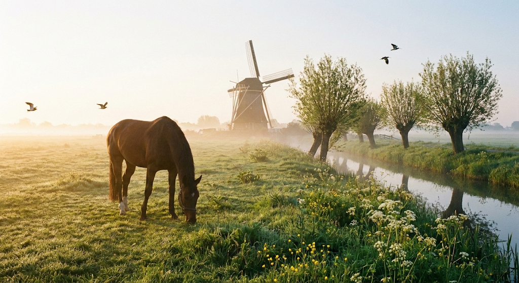 Paard grazend in weide in de ochtend mist